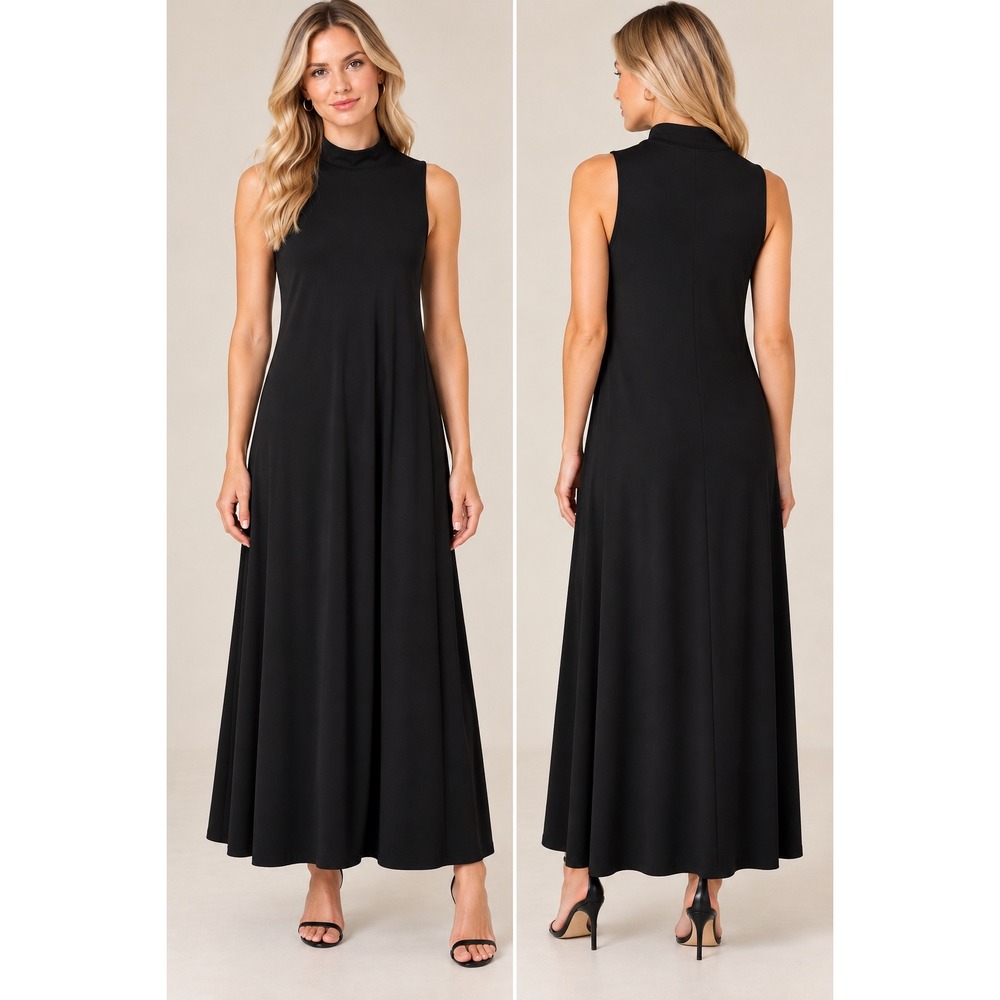 Theory Women's Black Sleeveless Stretch Crepe Mock Neck A-Line Maxi Dress Small